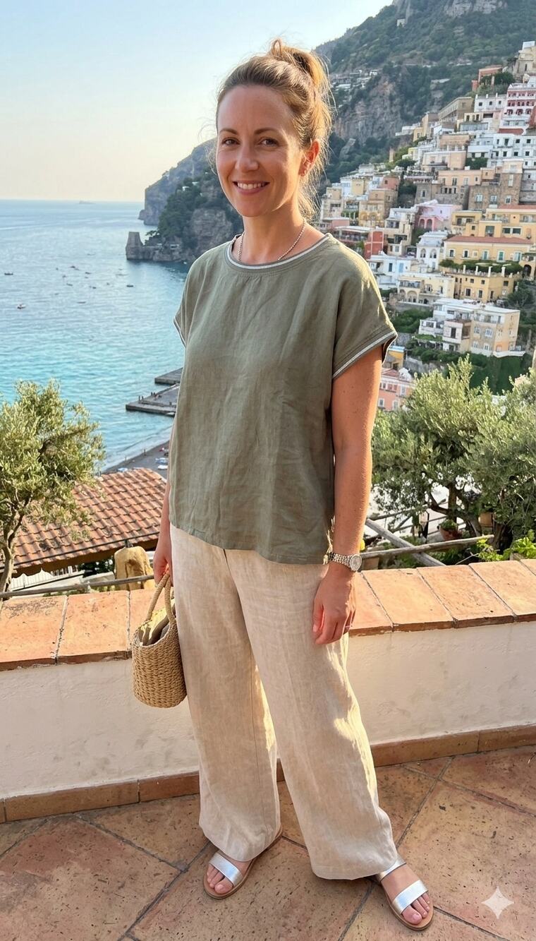 Terzo Millennio Italy Linen Cotton Top Army Green Silver Metallic Lagenlook L